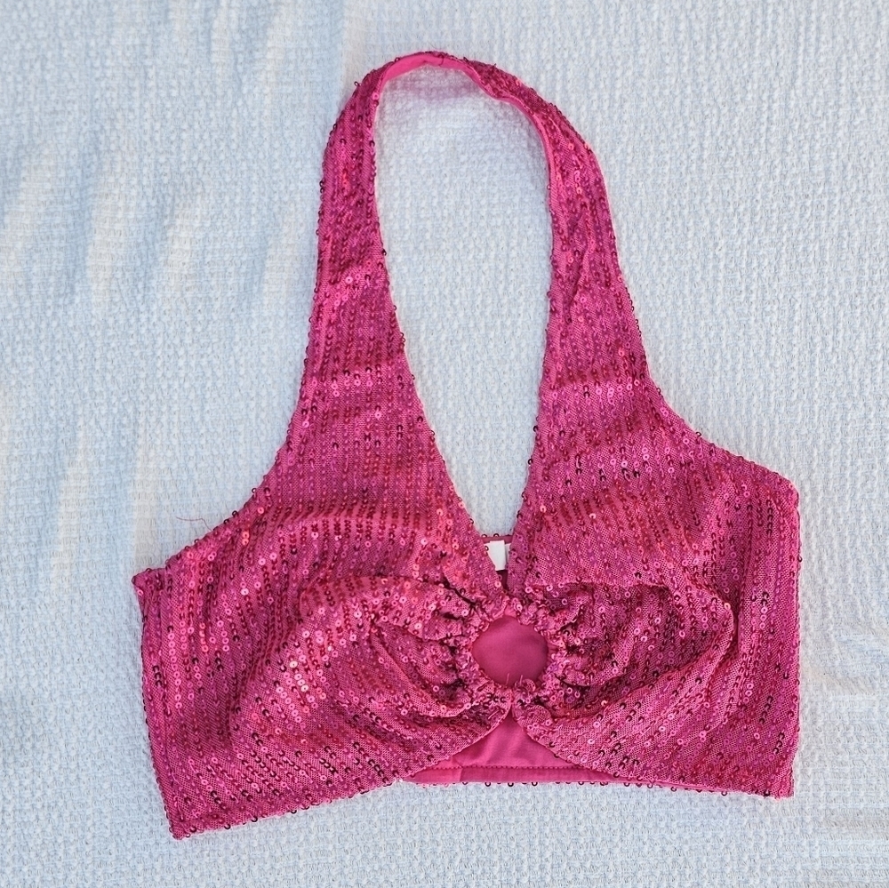 ELQUCHOU Shiny Sequin O Ring Halter Top Metallic bralette size small Color Rosy